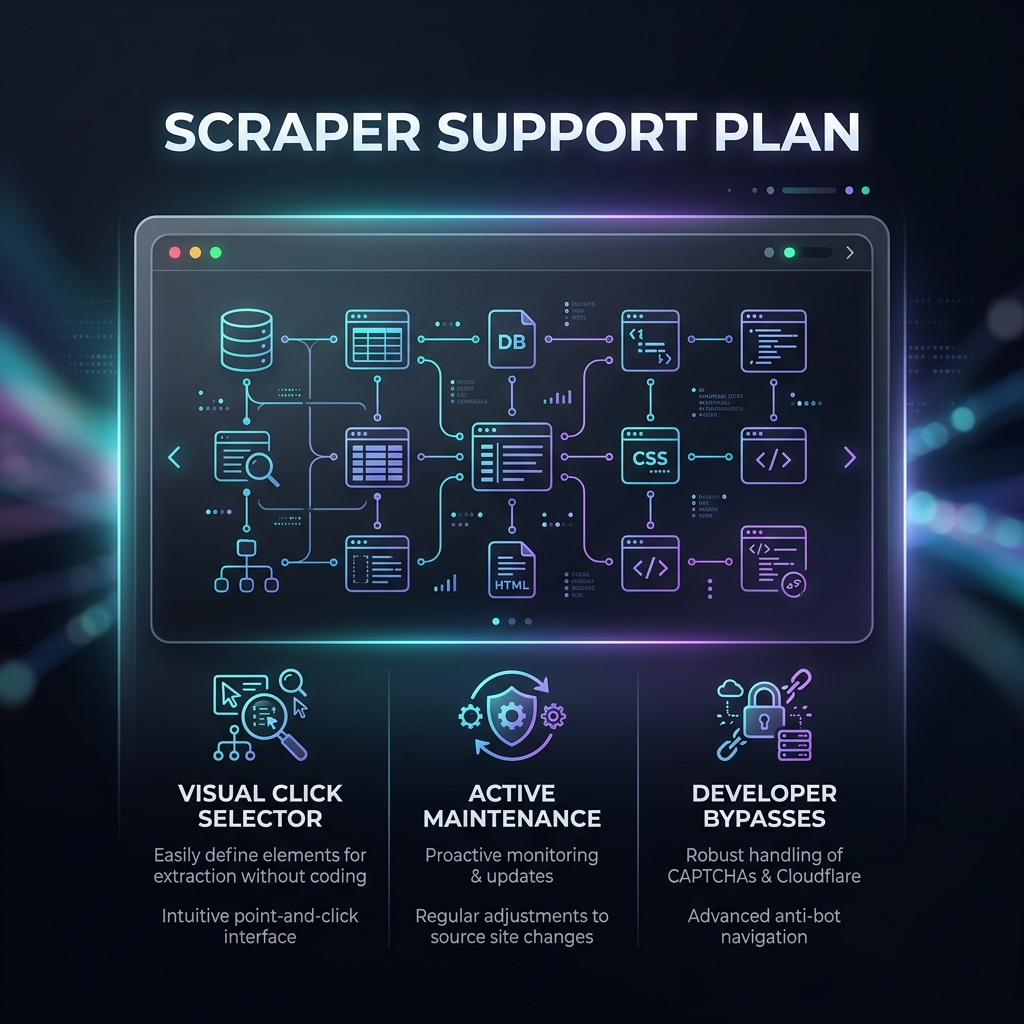 Scraper Support Plan - Click Visual Selector, Active Maintenance, Developer Bypasses